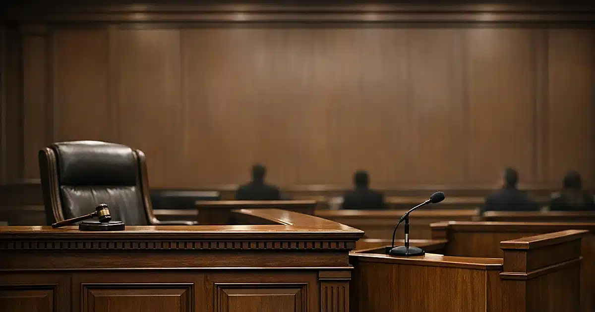 Empty courtroom interior showing judge's bench and witness stand with silhouetted figures in distant gallery