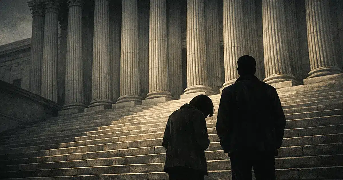 Silhouetted figures stand before courthouse columns in dramatic shadows, suggesting conclusion of long legal case