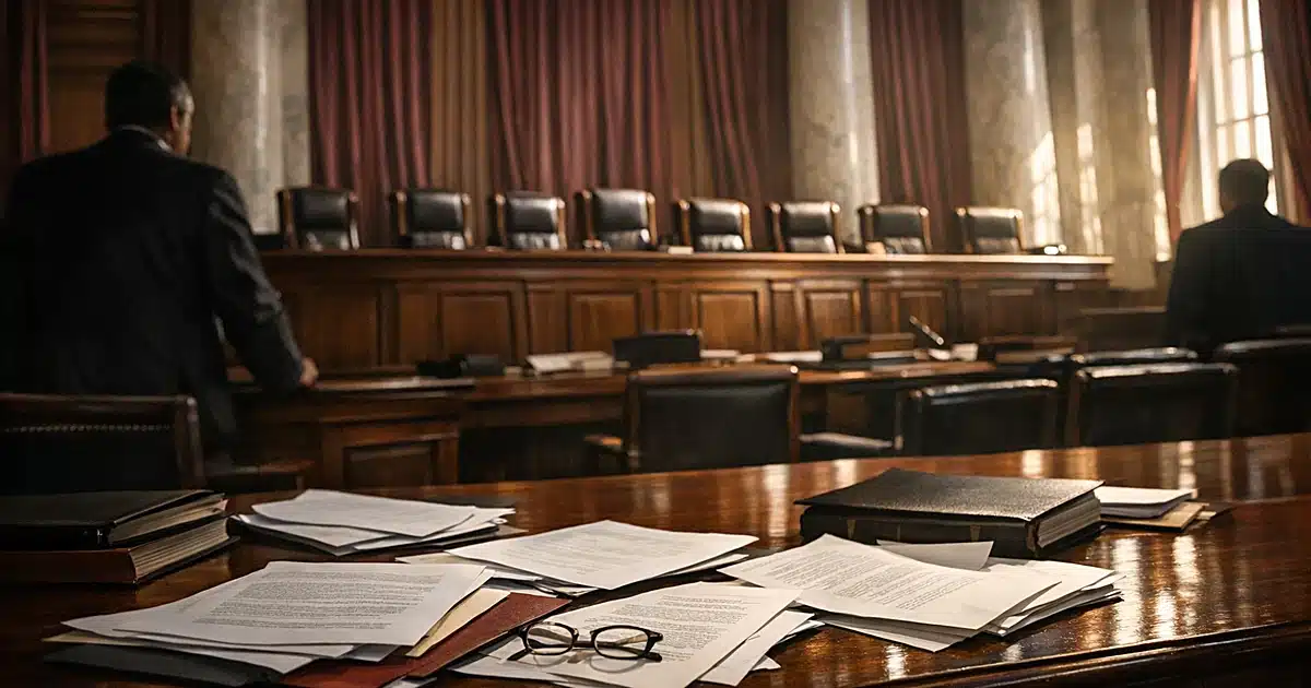 Empty Supreme Court chamber with judicial bench and scattered legal documents on table in dramatic window lighting