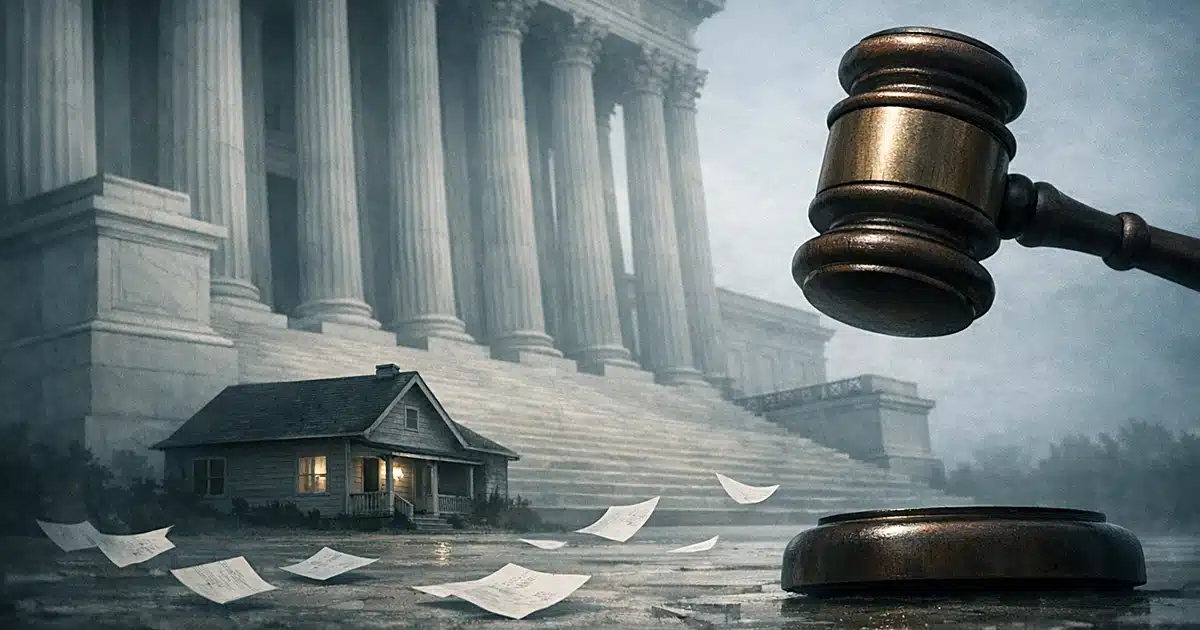 Small house dwarfed by large courthouse columns with auction gavel in foreground and papers scattered on ground