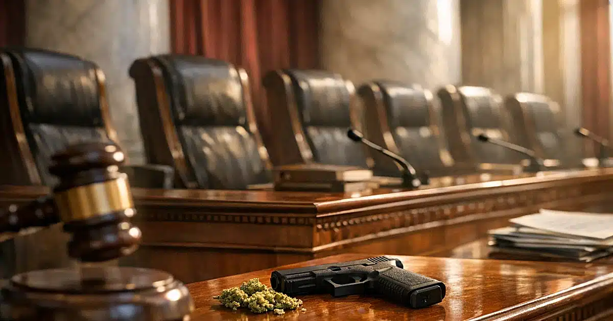 Empty Supreme Court bench with nine leather chairs in afternoon light, shallow depth of field