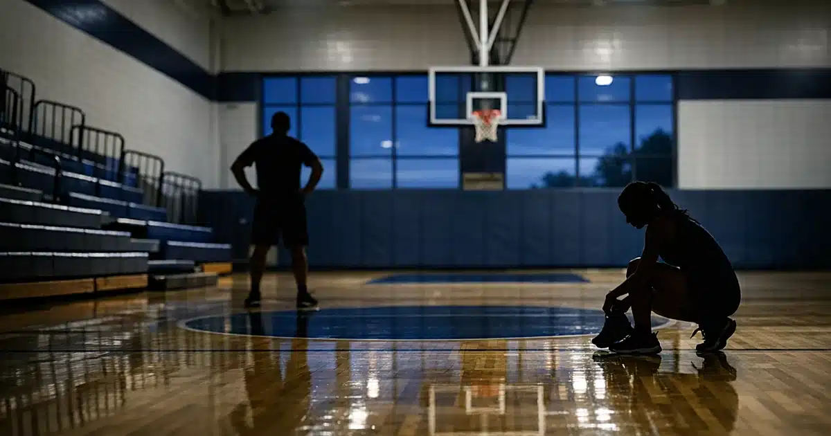 Empty high school gymnasium with basketball court and bleachers at dusk