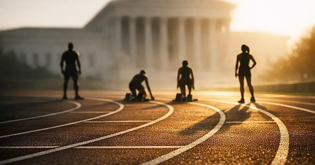 Running track with separated lanes and distant silhouetted athletes, with classical columns blurred in background