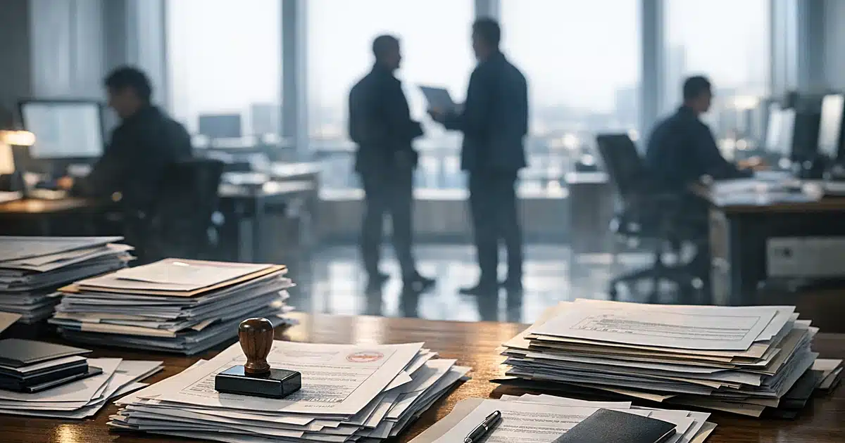 Swedish government office desk with residence permit documents and silhouetted officials working in background