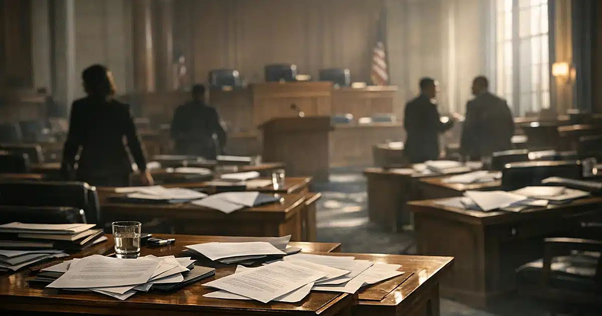 Interior of legislative chamber with scattered papers on desks and silhouetted figures moving through aisles