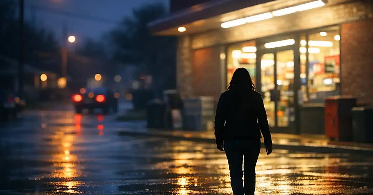 Silhouetted figure walking toward convenience store entrance at dusk with wet pavement reflecting lights