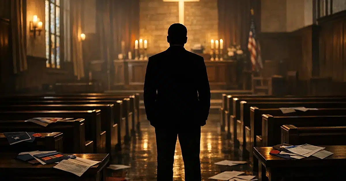 Empty church interior with silhouetted figure standing in aisle, papers scattered on pews, amber window light