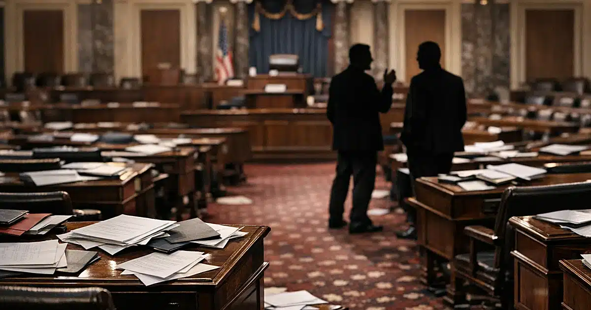Empty Senate chamber with scattered papers on desks and two silhouetted figures in distant conversation