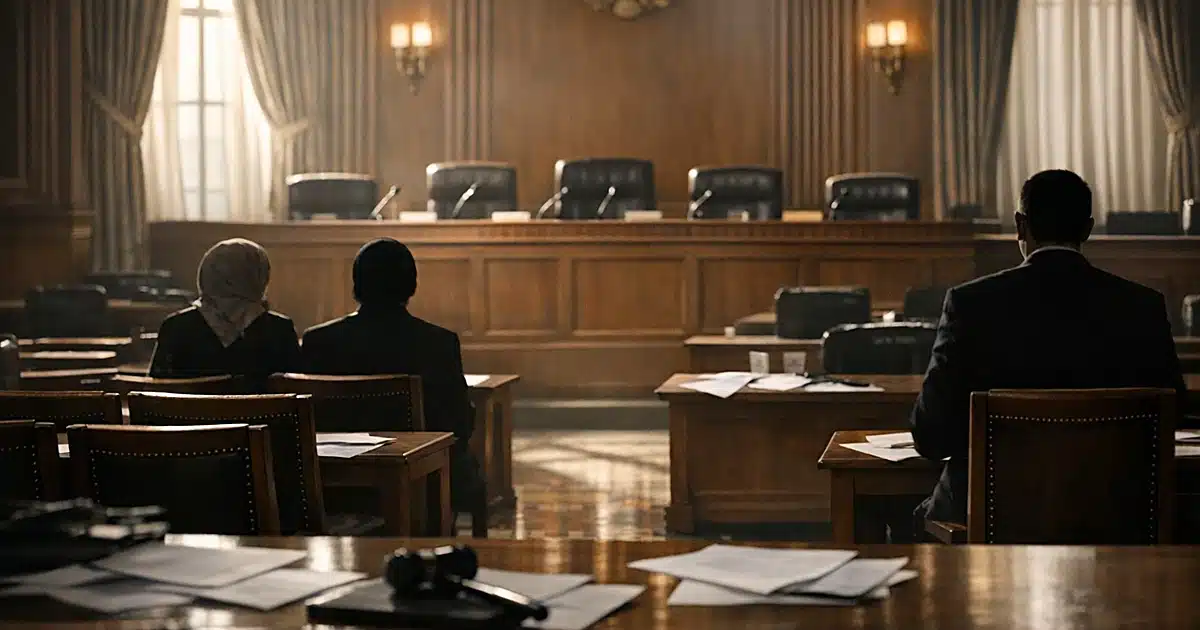 Empty congressional hearing room with microphones on panel desk and scattered papers, dramatic window lighting