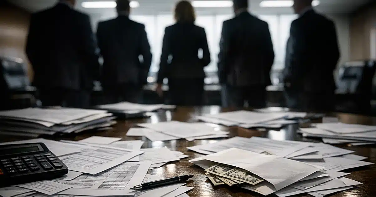 Scattered payroll documents on boardroom table with silhouetted figures standing in background during investigation