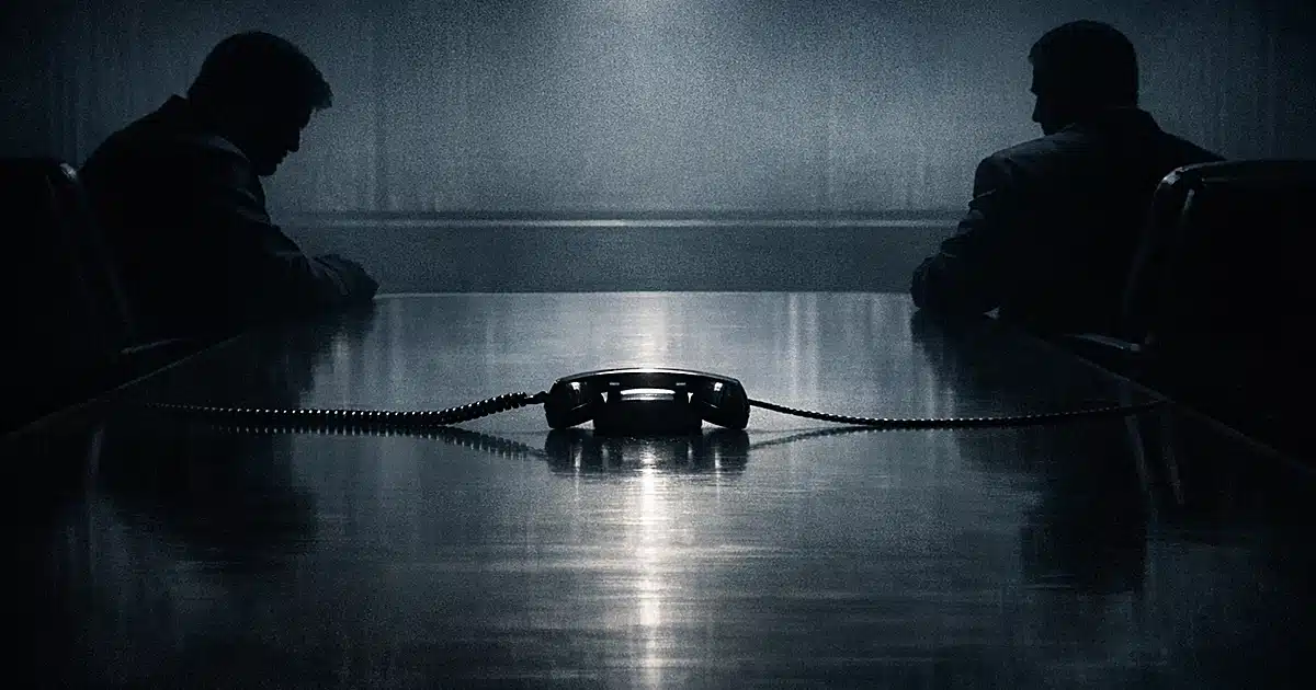Two silhouetted figures at opposite ends of conference table with telephone between them in tense, shadowy setting