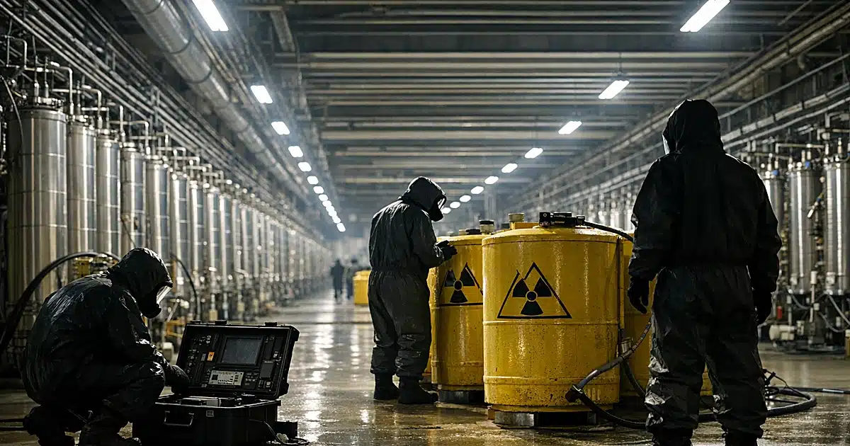 Nuclear facility interior with centrifuge equipment and silhouetted workers in protective suits during inspection