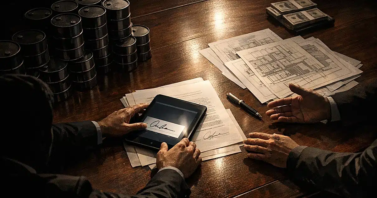 Hands reaching across negotiating table with document, oil barrels, and blueprints under dramatic lighting