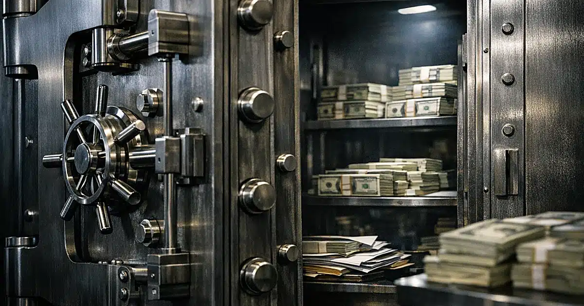 Bank vault door partially open revealing stacks of currency inside with dramatic institutional lighting