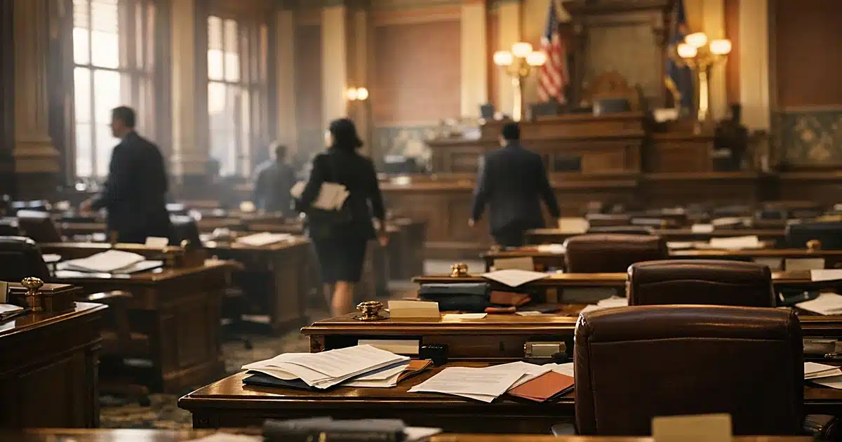 Interior of Michigan state legislative chamber with empty desks, scattered papers, and silhouetted figures in motion