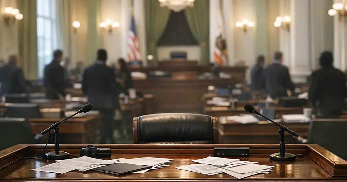 Empty California gubernatorial desk with scattered papers and silhouetted staff moving through legislative chamber