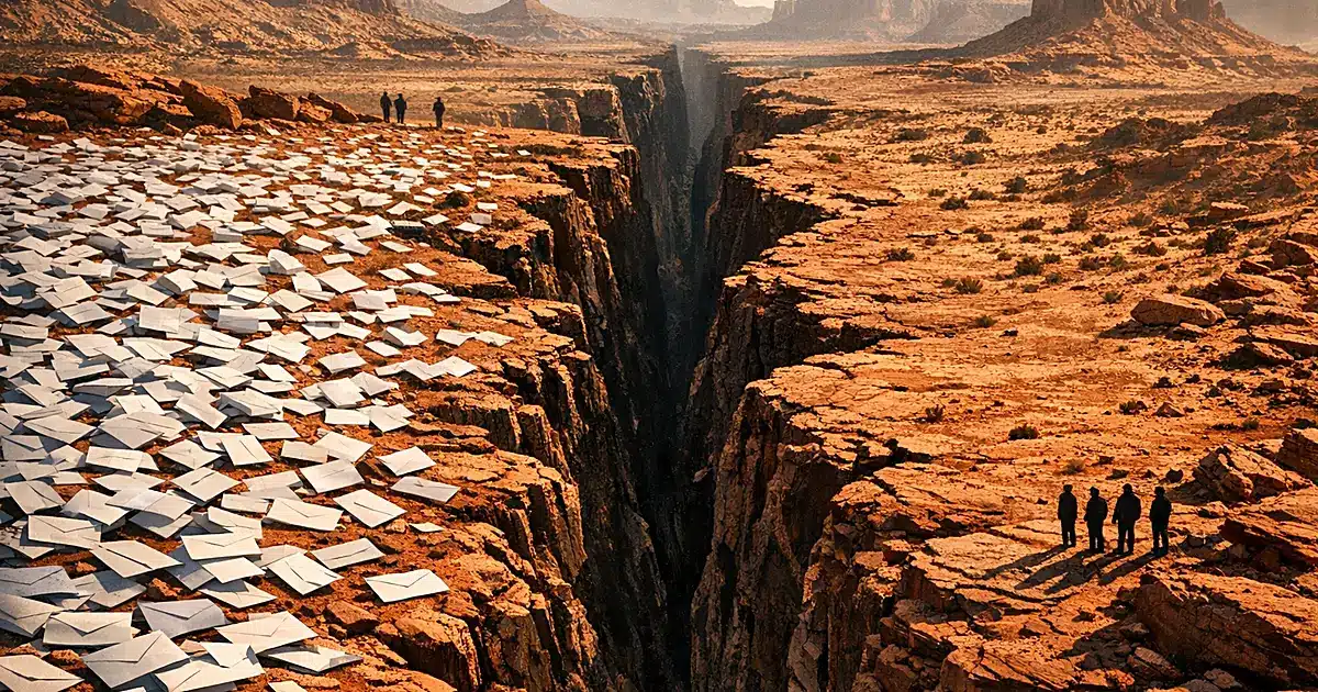 Aerial view of Utah desert split by crack with mail-in ballots scattered across red rock landscape