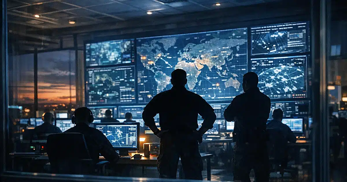 Silhouetted military personnel in operations center with glowing tactical screens at dusk