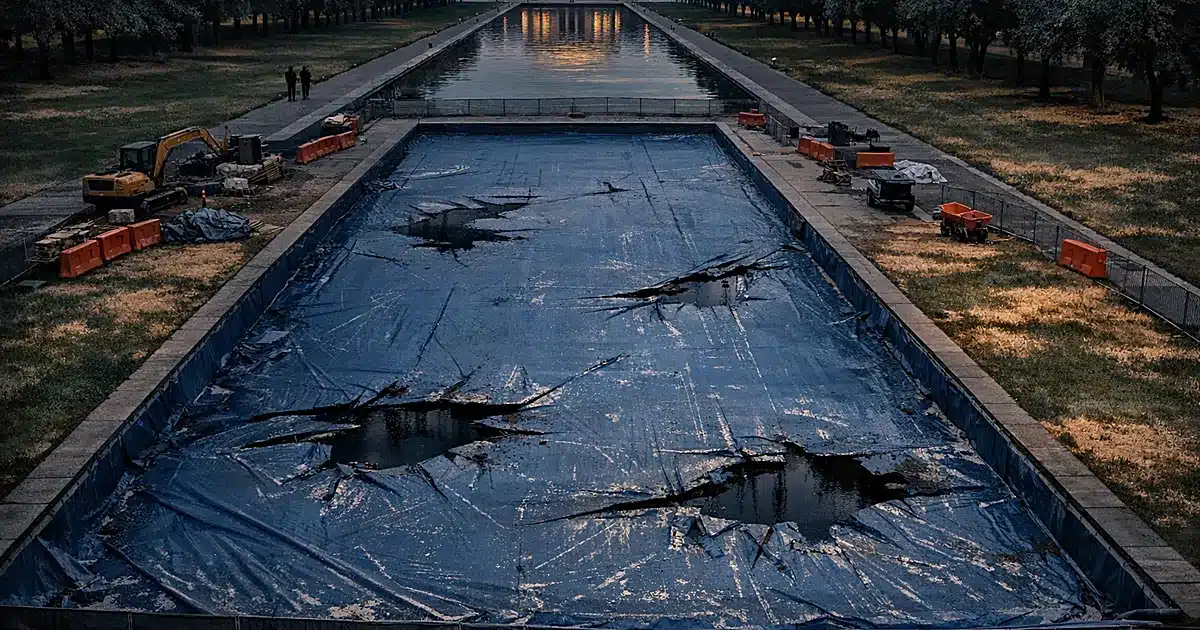 Overhead view of damaged reflecting pool with slashed liner and acid-burned grass surrounding the empty basin