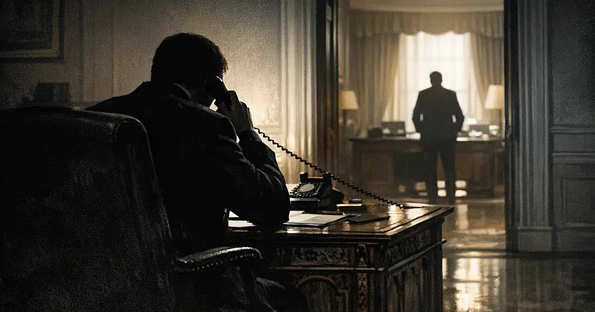 Silhouette at desk on phone with another figure visible in brighter office beyond, suggesting divided authority