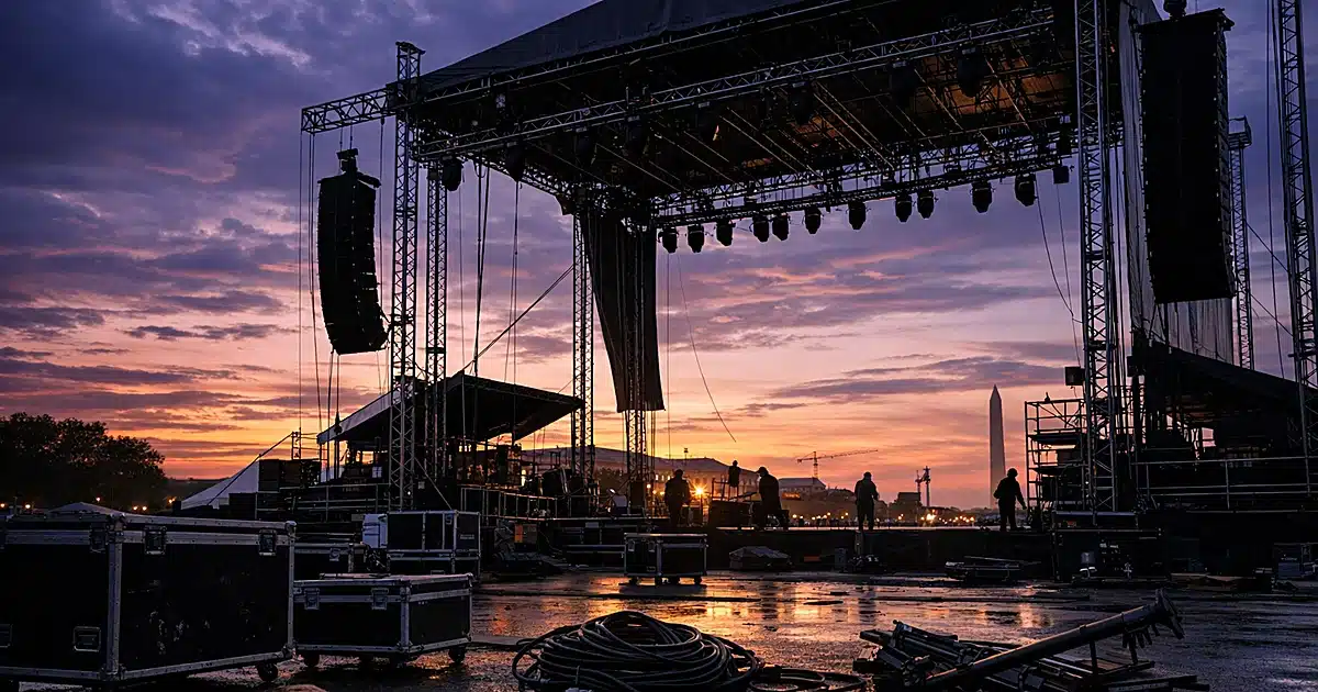 Empty concert stage with equipment being dismantled at dusk on outdoor mall grounds