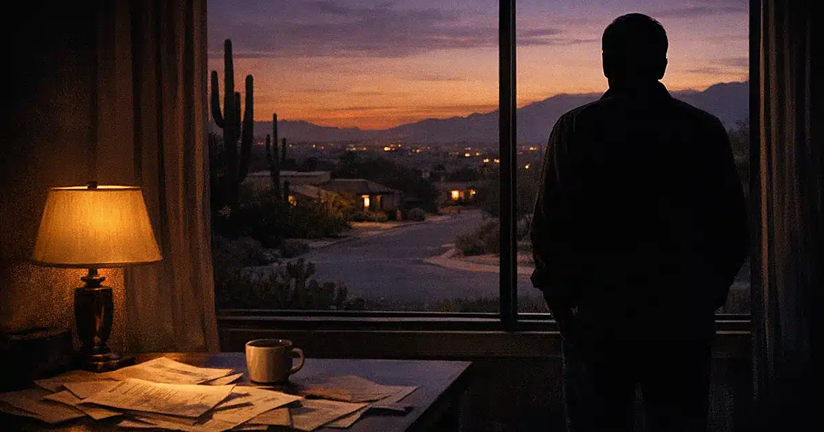 Silhouette at window overlooking empty Tucson street at dusk with papers on table in darkened room
