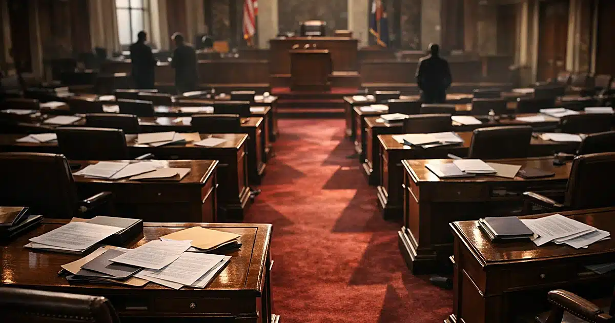 Empty legislative chamber with scattered papers on desks and dramatic window lighting casting shadows across aisles