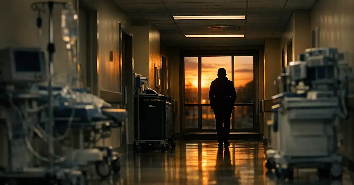 Silhouetted figure in hospital corridor at sunset with medical equipment along walls
