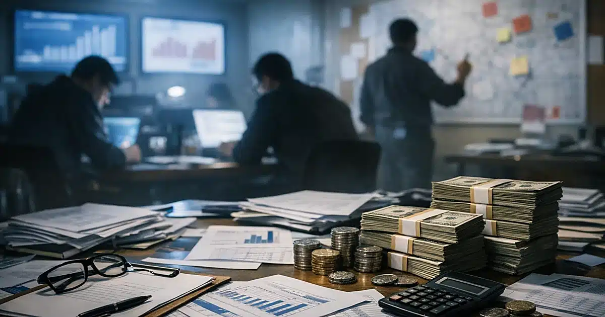 Campaign war room table with financial documents and silhouetted staffers working at laptops in background
