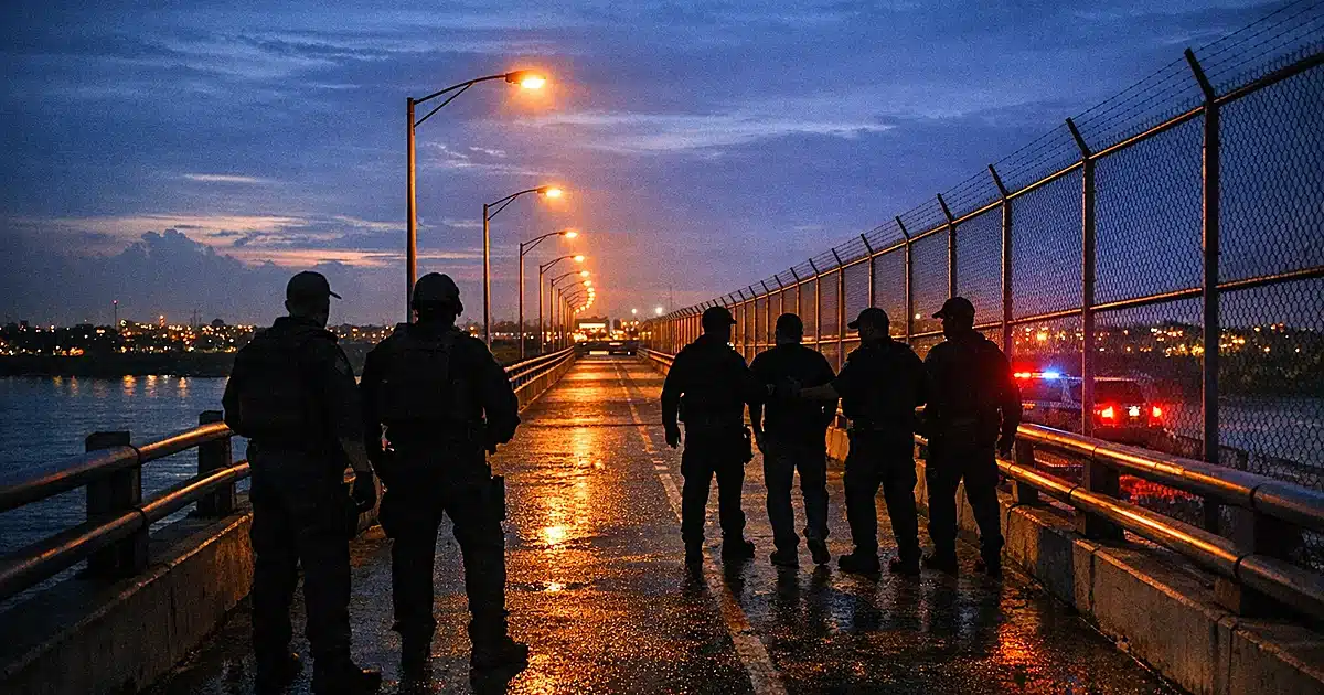 International border bridge at dusk with silhouetted law enforcement figures in center span between two countries