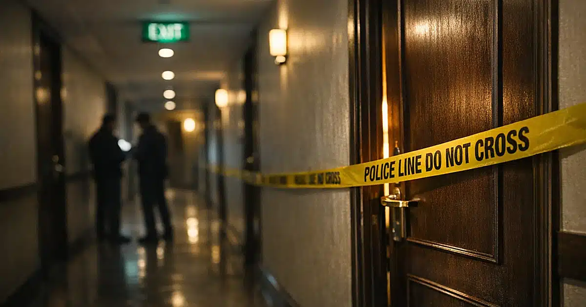 Empty hotel corridor with police tape across doorway, emergency lighting casting shadows on polished floor