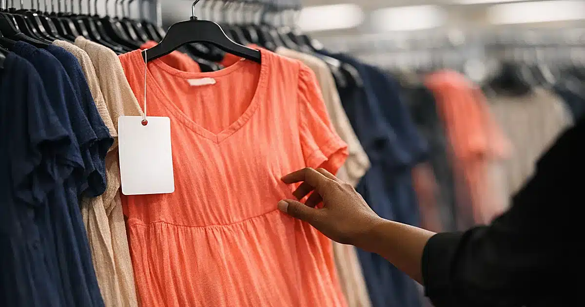 Silhouetted hand reaching toward coral maternity dress on crowded retail clearance rack with price tag visible