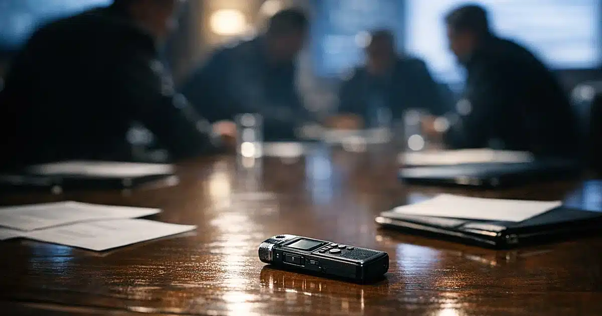 Recording device on conference table with silhouetted figures in background discussing in dimly lit room