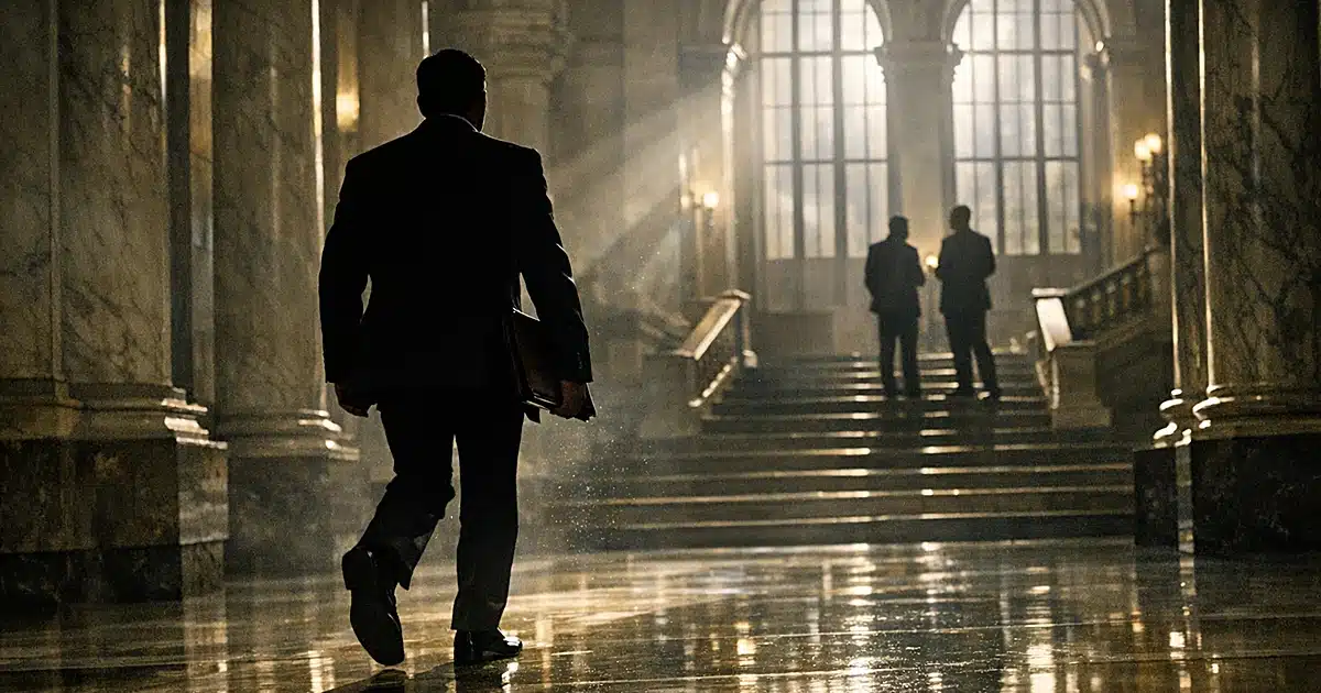 Silhouetted figure walking through grand government building interior with tall columns and dramatic window lighting