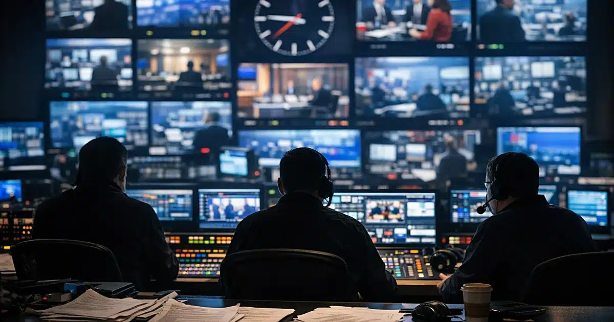 Television production control room with monitors and silhouetted producers at console