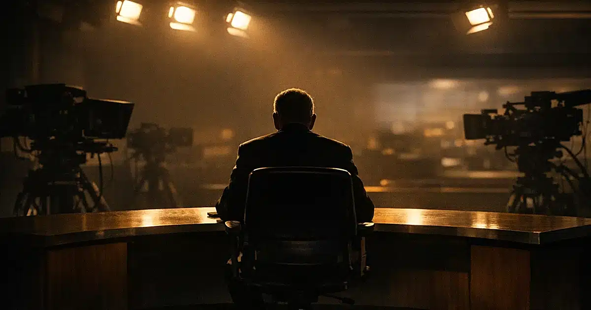 Silhouette of news anchor from behind at studio desk facing cameras in dimmed lighting