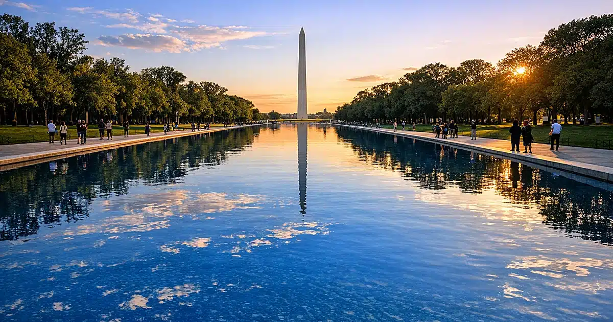 Wide view of the Reflecting Pool on the National Mall filled with blue water at golden hour