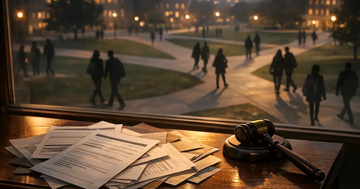 Silhouetted students on campus paths with financial aid documents and gavel on desk in foreground