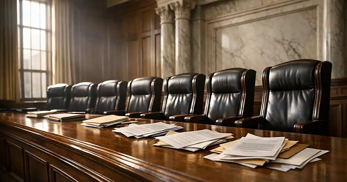 Empty Wisconsin Supreme Court bench with seven judicial chairs and scattered legal documents in afternoon light