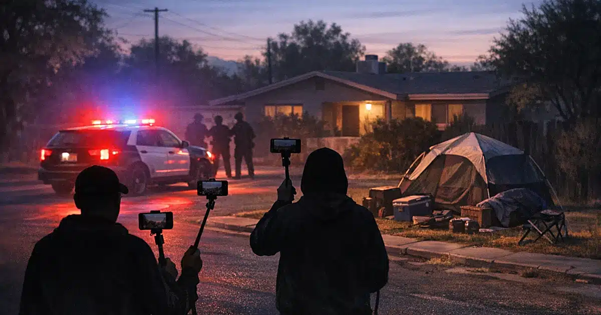 Silhouetted figures with phones crowd a residential street as police lights flash near scattered camping equipment