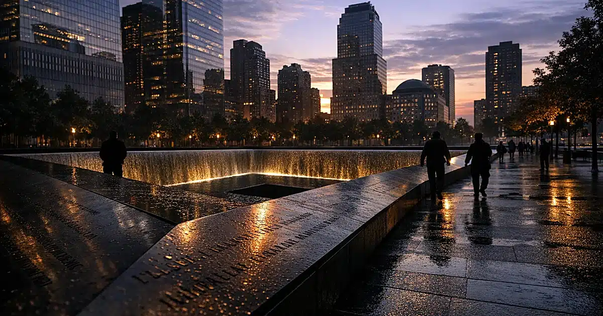 Wide view of Ground Zero memorial plaza at dawn with reflecting pools and engraved bronze parapets in dramatic lighting