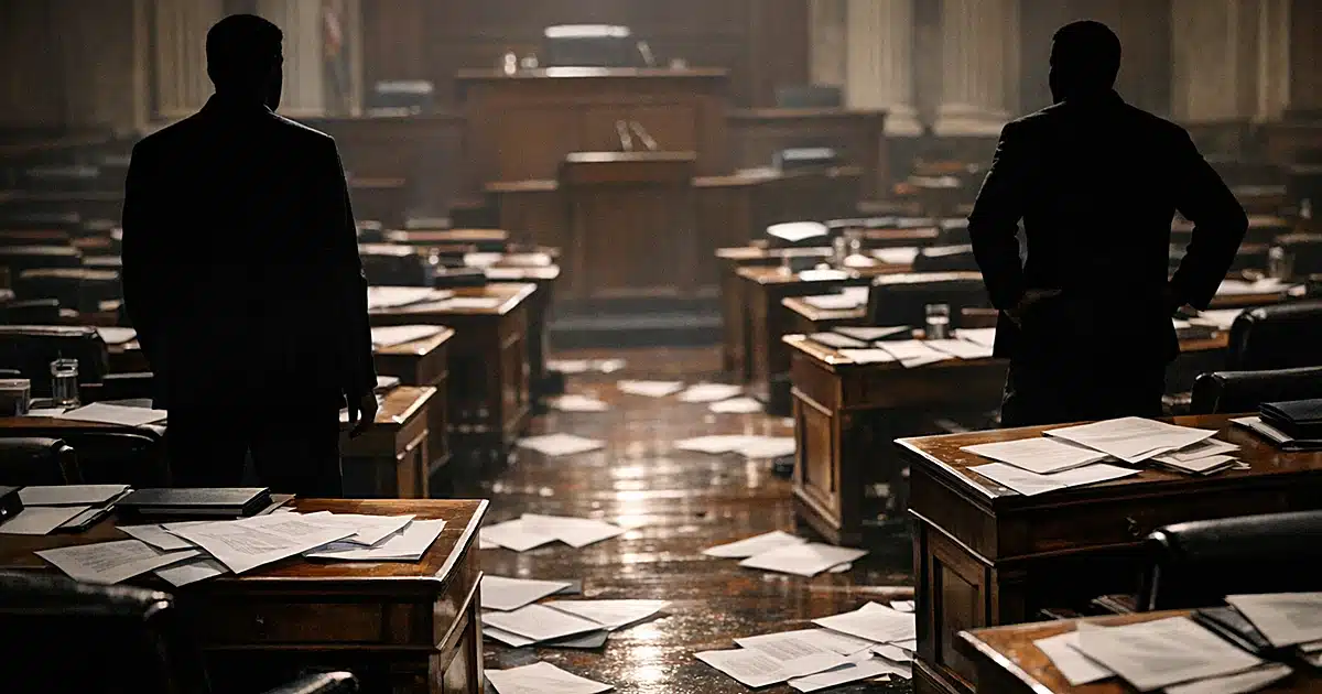 Legislative chamber with scattered papers and silhouetted figures in opposing aisles showing political division