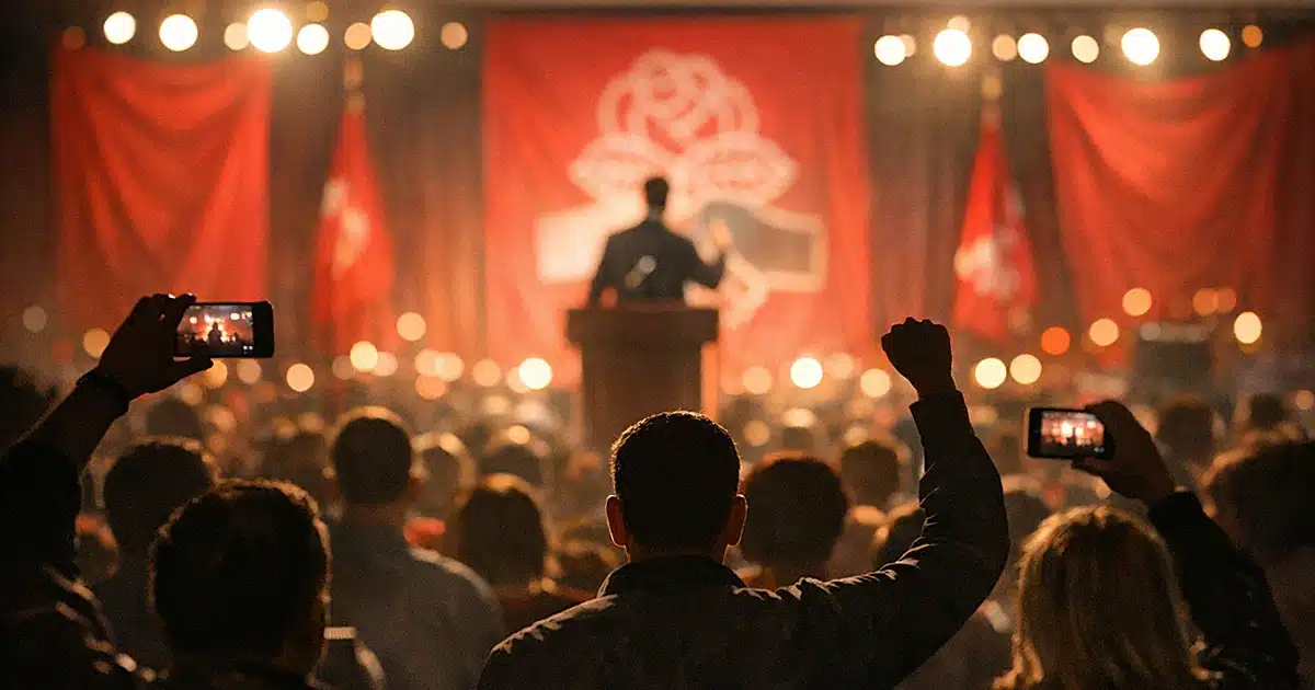 Silhouetted crowd filming toward illuminated political event stage with red draping in Democratic fundraising hall