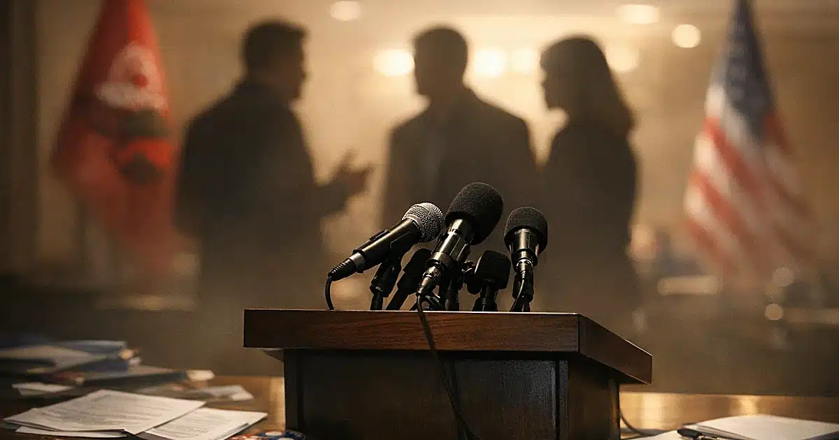 Empty podium with microphones, silhouetted figures in background at political campaign event