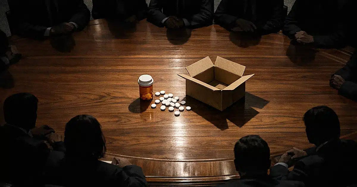 Overhead view of conference table with silhouetted figures, pill bottle and shipping box in center