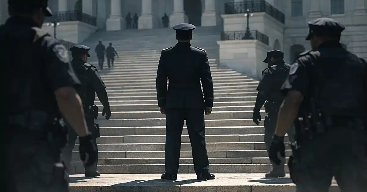 Silhouette of uniformed figure on government building steps surrounded by approaching police officers