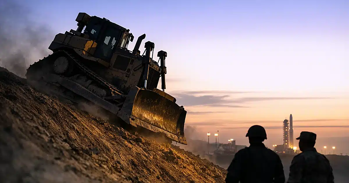 Heavy military construction equipment on steep embankment at Vandenberg Space Force Base at dusk