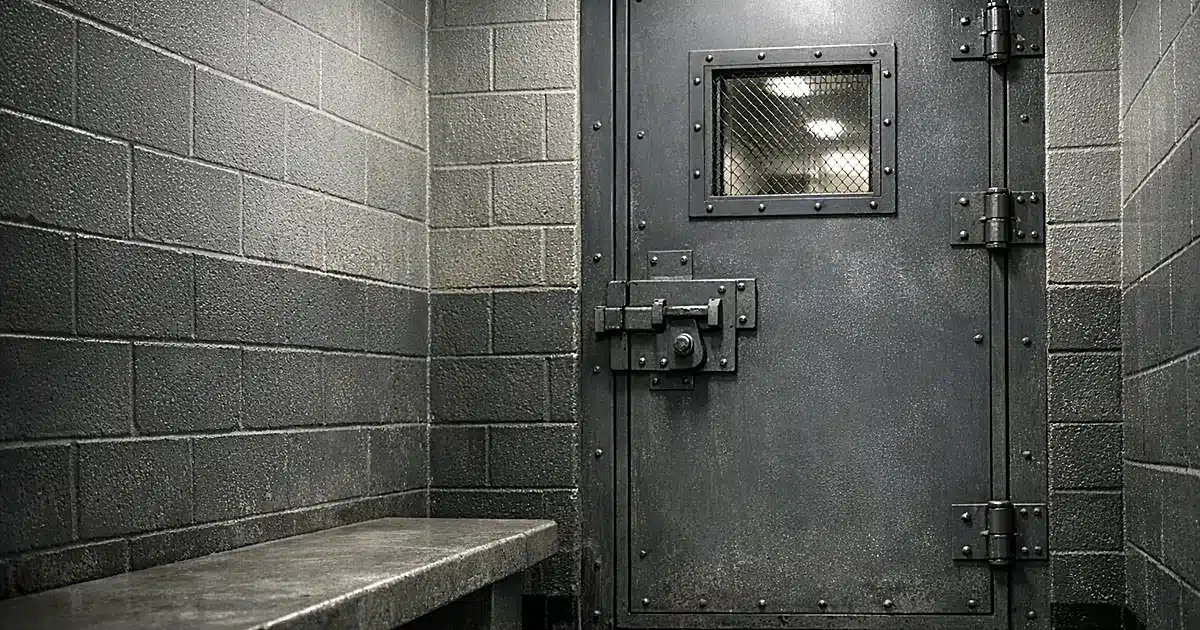 Interior view of federal detention cell with reinforced steel door and concrete bench in harsh institutional lighting