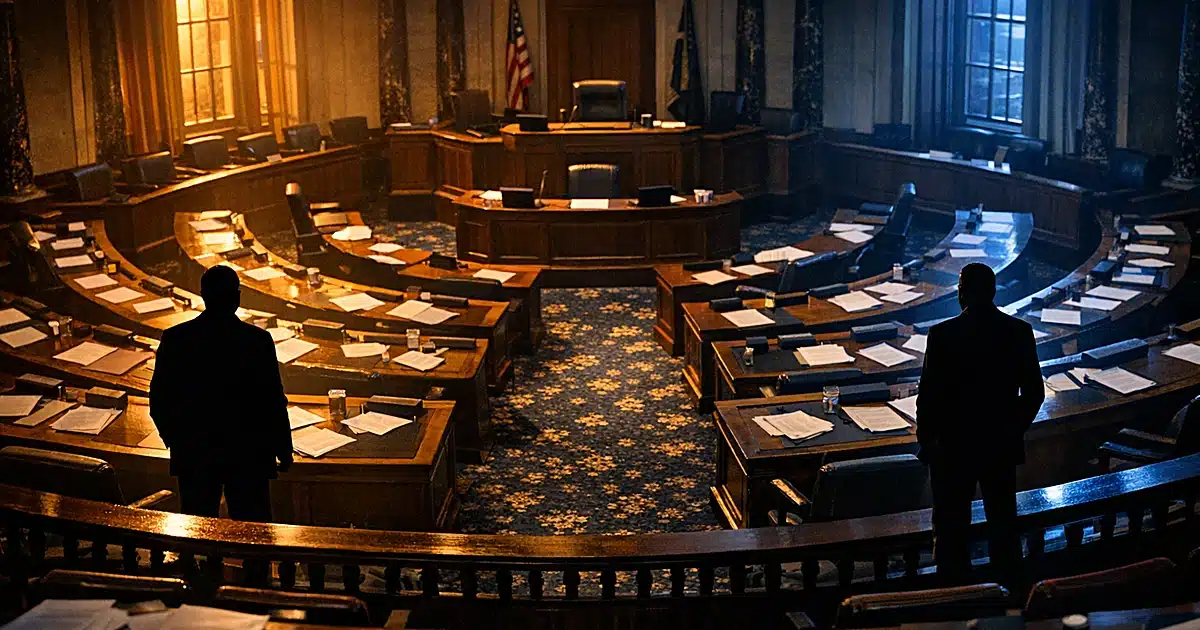 Legislative chamber interior with silhouetted figures standing in opposing aisles amid scattered papers at dusk