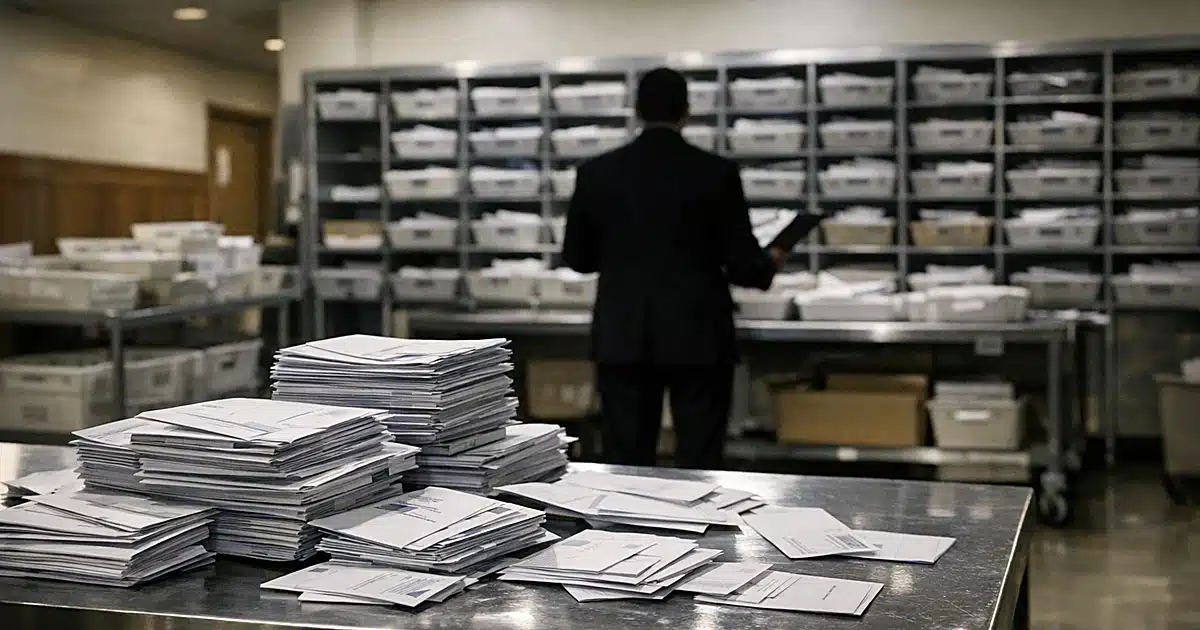 Federal courthouse mailroom with ballot envelopes on sorting table and silhouetted official reviewing mail bins